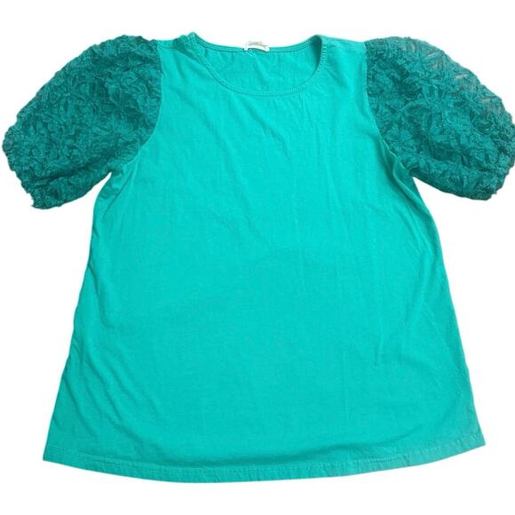 Bibi Women’s Large Teal Green Puff Sleeve Lace Blouse Statement Top Short Sleeve - Picture 1 of 6